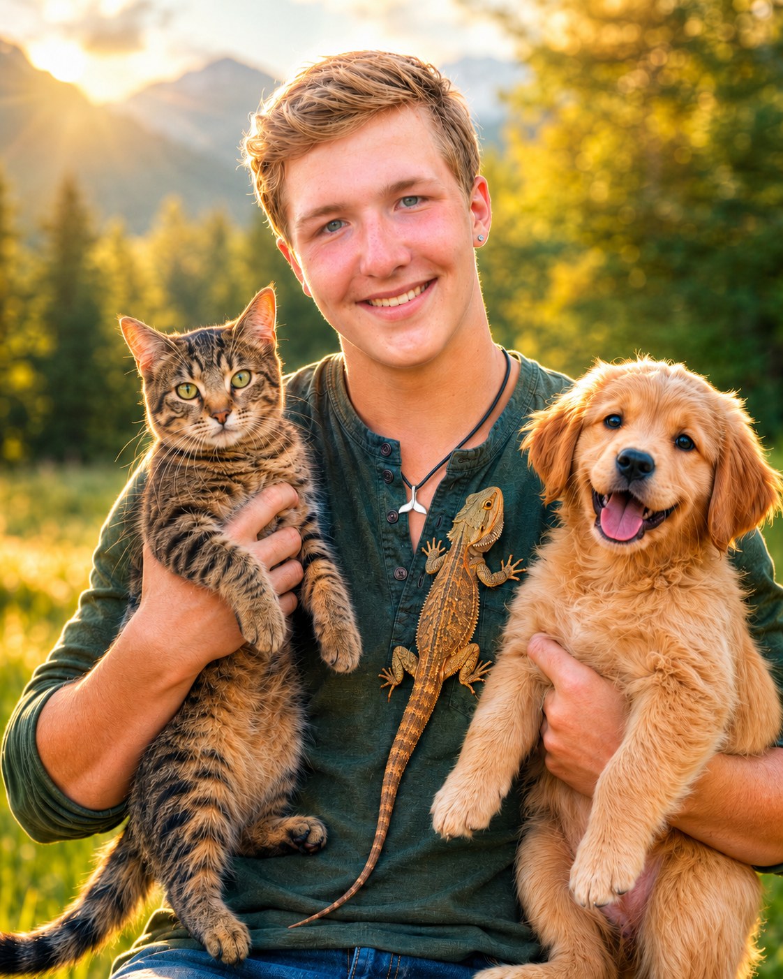 Carter outdoors with a cat, a puppy, and a bearded dragon