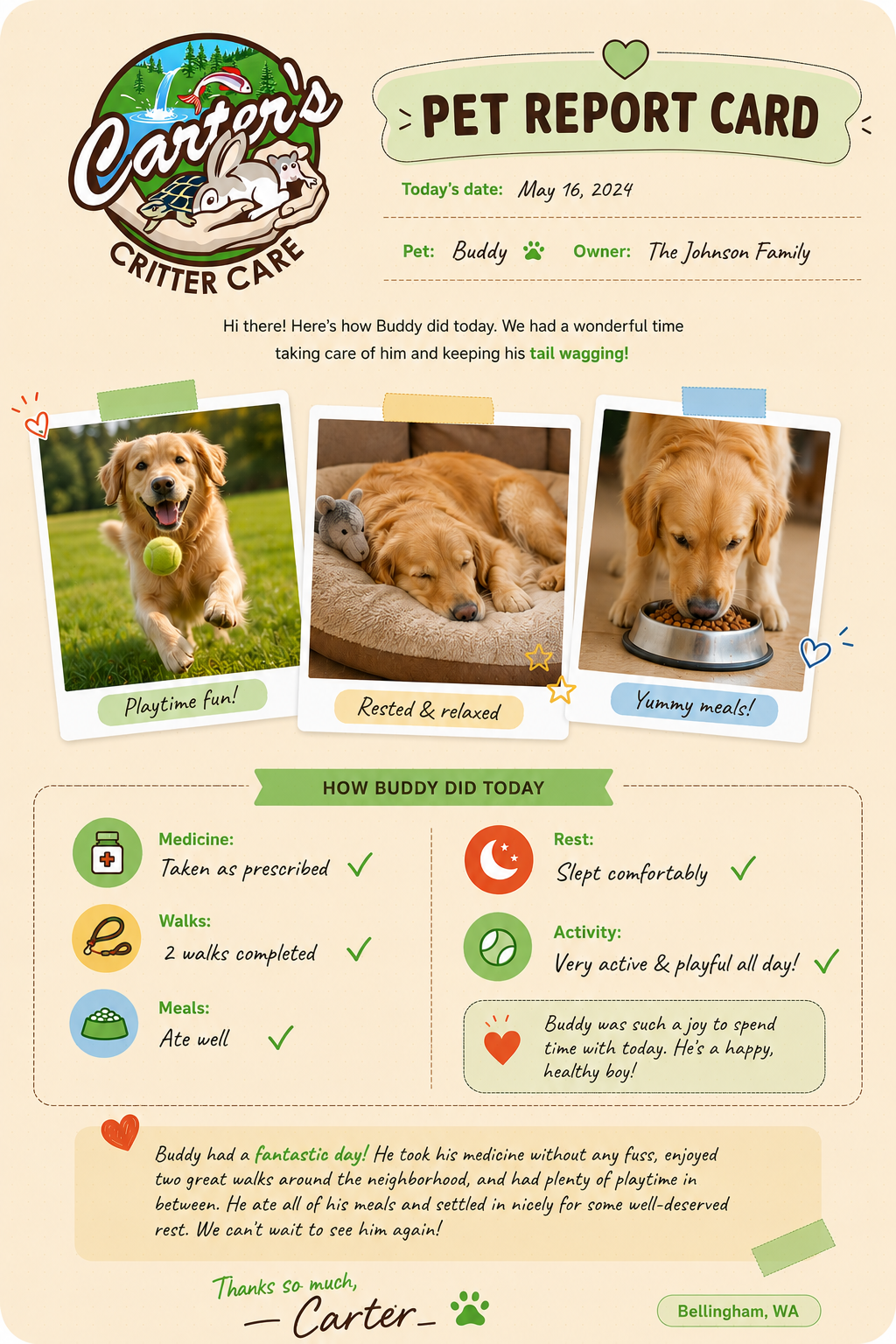 Example daily report card for a dog named Buddy: three photos, a checklist covering medicine, walks, meals, rest and activity, and a thank-you note signed by Carter.